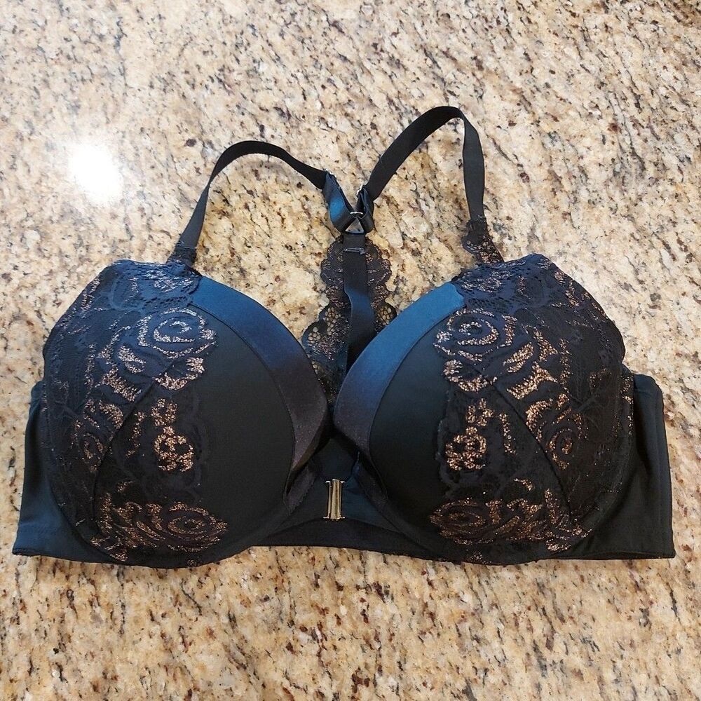 CACIQUE Bra 42DD Push-Up Plunge Racerback Lane Bryant Black UW Front Close Lace